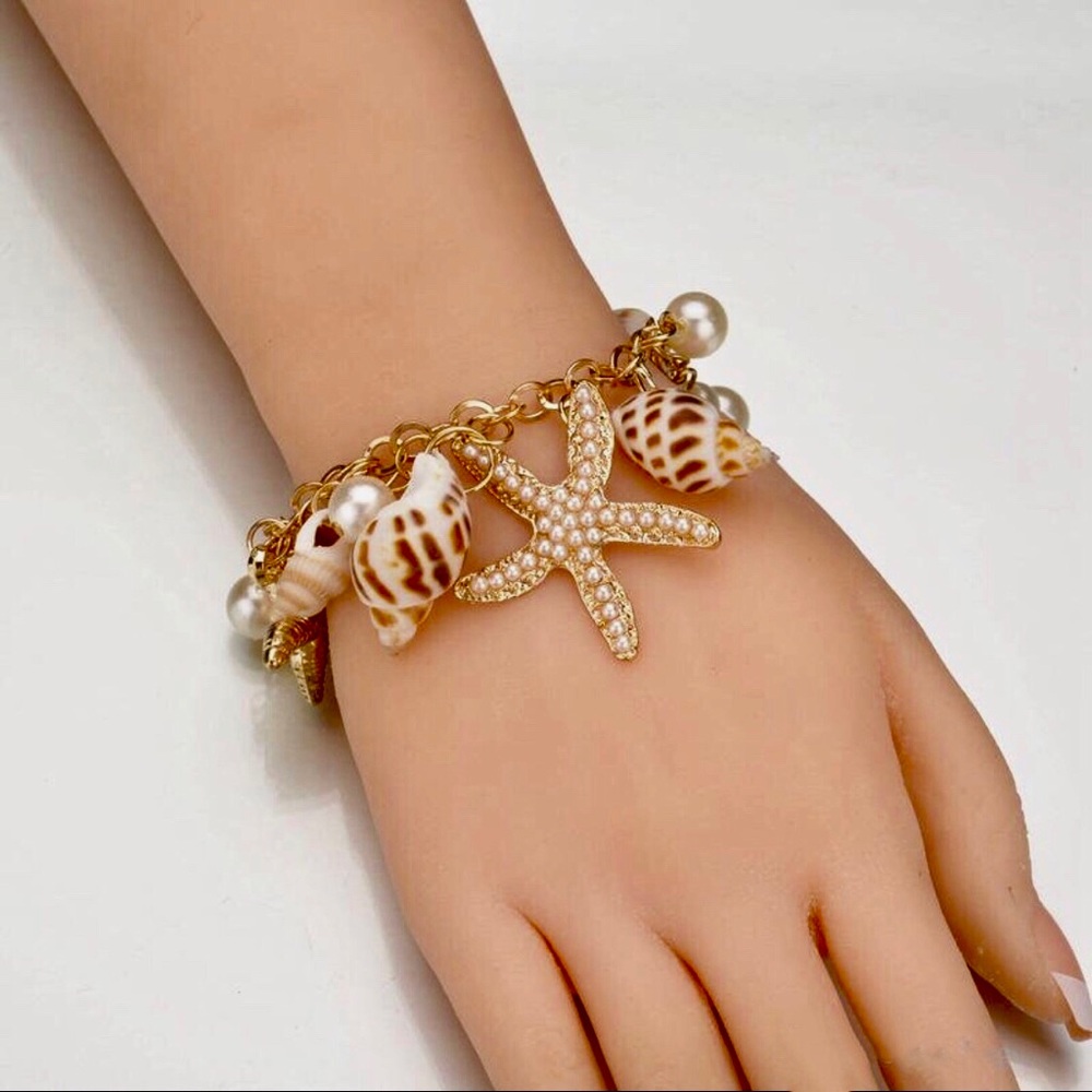 🌊🐚 Gold Charm Bracelet Real Shell Pearl Starfish - Picture 5 of 7